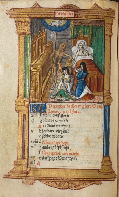 Libro delle Ore stampato Uso di Roma: fol. 13v, pagina del calendario di dicembre, 1510 da Guillaume Le Rouge