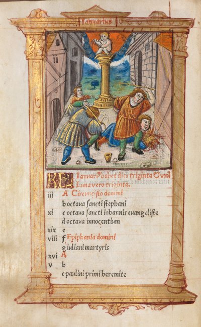 Libro stampato delle Ore Uso di Roma: fol. 2v, illustrazione del calendario di gennaio, 1510 da Guillaume Le Rouge