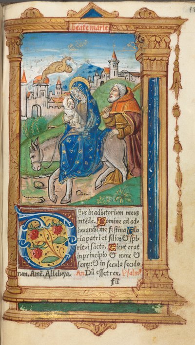 Libro delle Ore stampato Uso di Roma: fol. 42r, Fuga in Egitto, 1510 da Guillaume Le Rouge