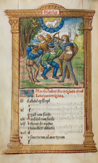 Libro delle Ore Stampato Uso di Roma: fol. 4v, illustrazione del calendario di marzo, 1510 da Guillaume Le Rouge