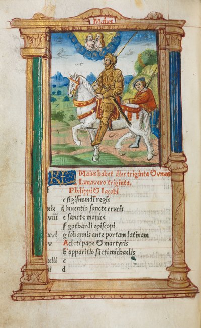 Libro delle Ore stampato Uso di Roma: fol. 6v, illustrazione del calendario di maggio, 1510 da Guillaume Le Rouge