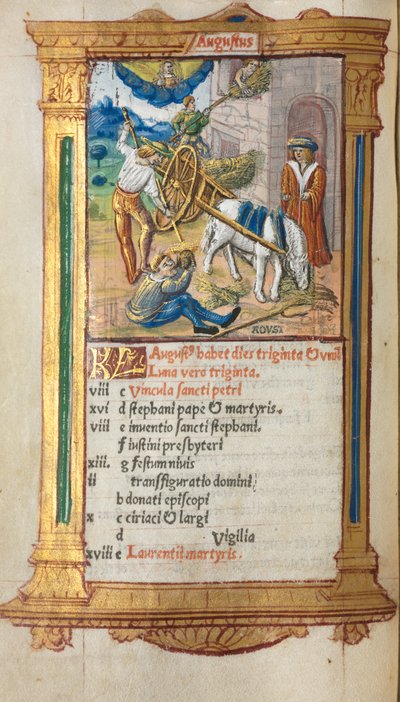 Libro delle Ore stampato Uso di Roma: fol. 9v, illustrazione del calendario di agosto da Guillaume Le Rouge