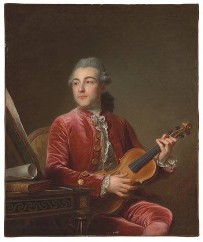 Ritratto di un gentiluomo, mezzo busto, seduto in una giacca di velluto rosso con un violino da Guillaume Voiriot