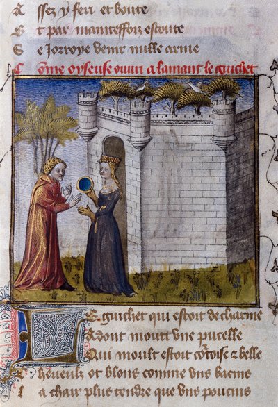 Scena galante tra due amanti: la ragazza invita il suo amante a entrare. Miniatura da "Le Romanesque de la Rose" di Guillaume de Lorris da Guillaume de Lorris