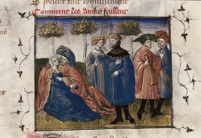 Scena galante di cortigiani, miniatura in "Roman de la Rose" di Guillaume Lorris da Guillaume de Lorris