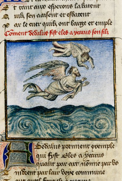 Dedalo e Icaro. Miniatura di Guillaume Lorris dal manoscritto "Il Romanzo della Rosa" da Guillaume de Lorris
