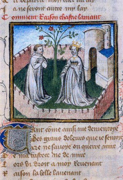 Rappresentazione di una coppia di amanti vicino a una rosa, miniatura in "Roman de la Rose" da Guillaume de Lorris