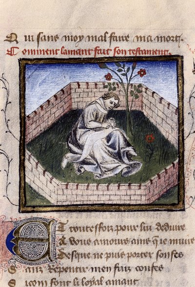 Rappresentazione di un giovane innamorato nel giardino delle delizie che scopre la fontana di Narciso, miniatura in 
