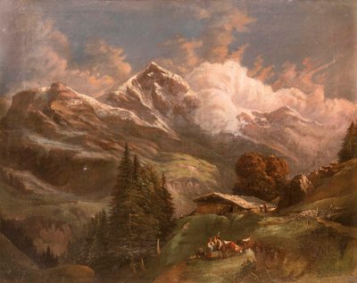 Alpeggio animato con vista sulle cime alpine - Großglockner? da Gustav Barbarini