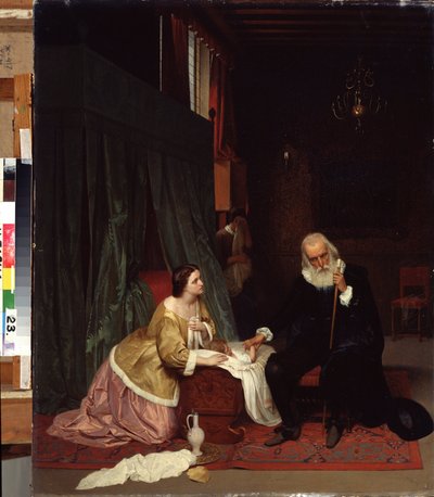 "La visita del medico" Un dottore prende il polso di un bambino malato sotto lo sguardo preoccupato della madre. Dipinto di Gustav Budkovski (1813-1884) da Gustav Budkowski