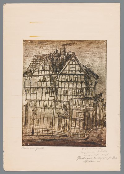 Riproduzione di una stampa o disegno con vista su una vecchia casa, forse a Greiz in Germania da Gustav Digel (signed by artist)