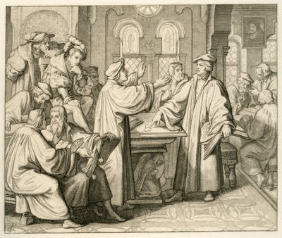 Lutero e Ulrich Zwingli (1494-1531) discutono del sacramento e non trovano accordo, a Marburgo 1529 da Gustav Ferdinand Leopold Konig
