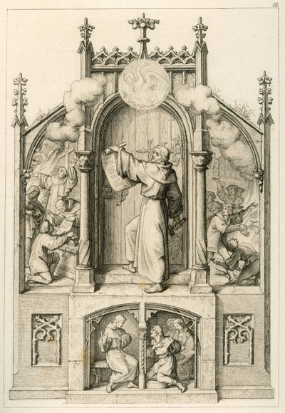 Lutero non vuole concedere indulgenze, a sinistra: Johann Tetzel (1465-1519) brucia i documenti di Lutero, l