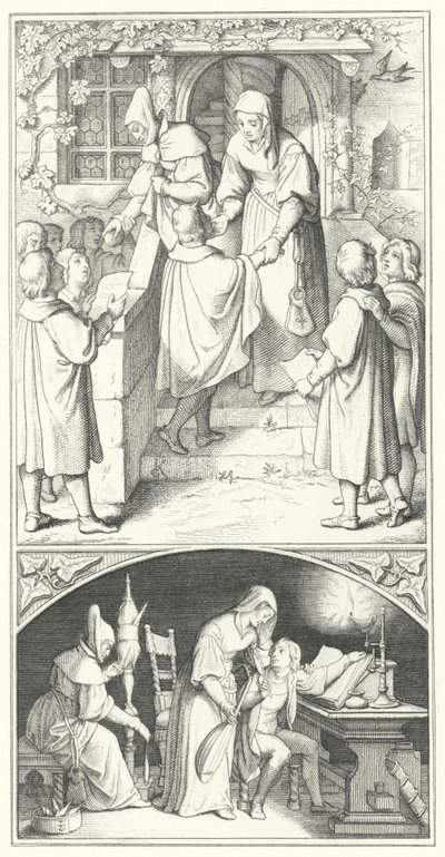 Martin Lutero da giovane studente canta nella città di Eisenach (incisione) da Gustav Ferdinand Leopold Konig