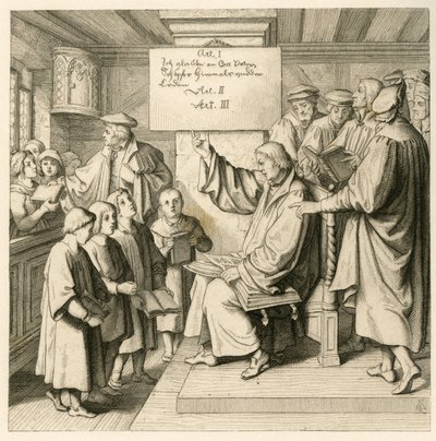 Martin Lutero a scuola con molti bambini, perché le lezioni di religione sono molto importanti per lui, a destra alcuni insegnanti da Gustav Ferdinand Leopold Konig