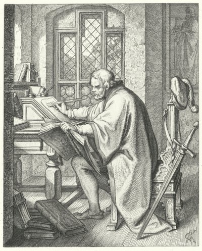 Martin Lutero inizia la traduzione della Bibbia al castello di Wartburg (incisione) da Gustav Ferdinand Leopold Konig