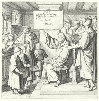 Martin Lutero introduce il Catechismo agli scolari (incisione) da Gustav Ferdinand Leopold Konig