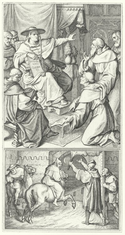 Martin Lutero lascia il legato papale a Wittenberg, Thomas Cajetan (in alto). Martin Lutero lascia la città di Augusta (in basso) (incisione) da Gustav Ferdinand Leopold Konig