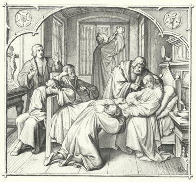 Martin Lutero prega al capezzale di Filippo Melantone (incisione) da Gustav Ferdinand Leopold Konig
