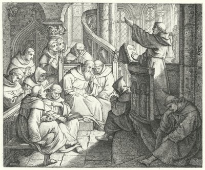 Martin Lutero predica a Johann von Staupitz e agli altri monaci nel monastero (incisione) da Gustav Ferdinand Leopold Konig