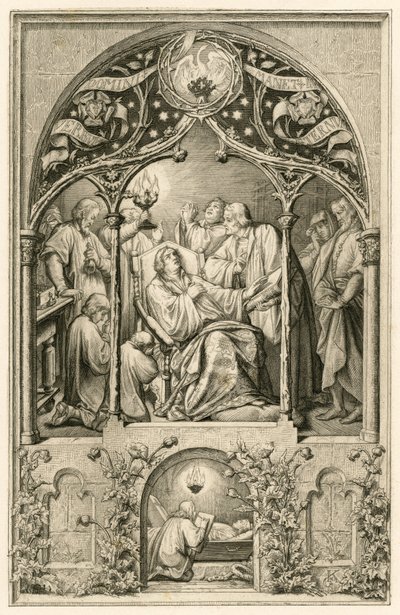 La morte di Martin Lutero, i due figli di Lutero inginocchiati davanti al padre, Dr. Justus Jonas dice le ultime parole, dietro di loro Michael Coelius prega, Johannes Aurifaber con un candelabro, il dottore Simon Wild con la medicina e sulla destra il con da Gustav Ferdinand Leopold Konig