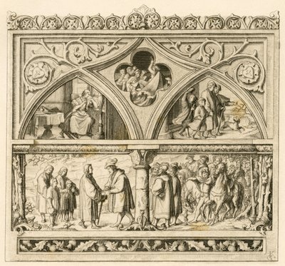Il viaggio di Martin Lutero al conte Mansfeld (Hoyer VI di Mansfeld-Vorderort (1477-1540); immagine in alto a sinistra: la triste Katharina, al centro: il fiume Saale in piena, a destra: Lutero insieme ai suoi figli. immagine in basso: Lutero e il conte da Gustav Ferdinand Leopold Konig
