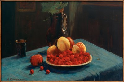Natura morta con frutta su tovaglia blu da Gustav Kampmann