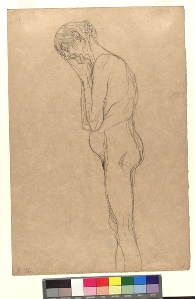 Aktdarstellung einer alten Frau im Profil nach links, den Kopf an die gefalteten Hände gelegt da Gustav Klimt