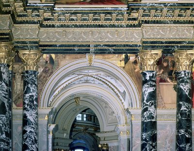Interno del Kunsthistorisches Museum, Vienna, con arco e decorazione a pennacchio che raffigura figure rappresentanti Roma e Venezia del XIV secolo, 1890-91 da Gustav Klimt