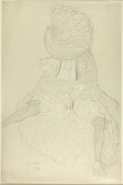 Donna seduta di fronte con cappello, viso incappucciato da Gustav Klimt