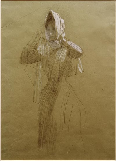 Giovane donna in piedi che si mette un fazzoletto da Gustav Klimt