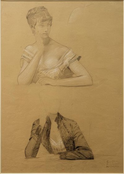 Due studi di una giovane donna seduta a un tavolo da Gustav Klimt