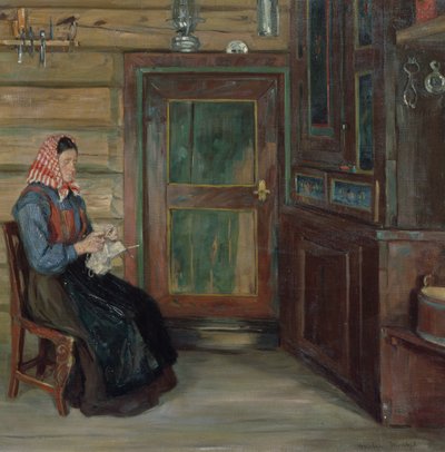 Interno di contadini con donna che lavora a maglia da Gustav Wentzel