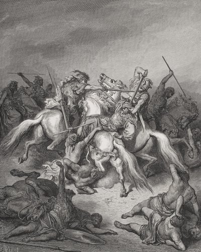 Abishai salva la vita di Davide, Samuele 2:17, illustrazione tratta da "La Sacra Bibbia" di Dore, incisa da Hurel da Gustave (after) Dore
