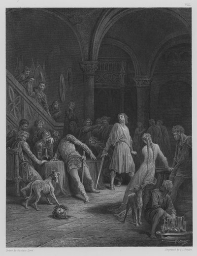 Geraint uccide il conte Doorm, illustrazione da "Idilli del re" di Tennyson, 1878 circa (incisione) da Gustave (after) Dore