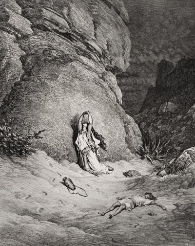 Agar e Ismaele nel deserto, illustrazione da "La Sacra Bibbia" di Dore, incisa da Piaud da Gustave (after) Dore