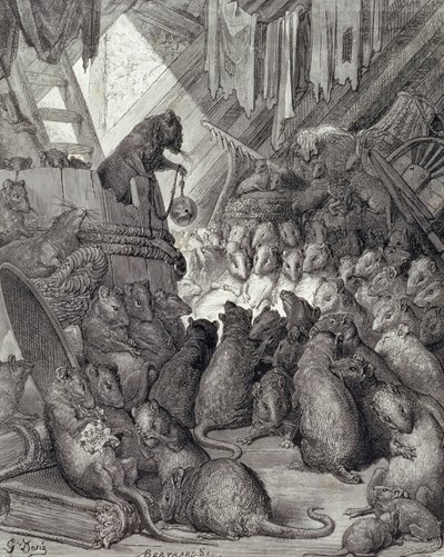 Il consiglio tenuto dai topi, dalle Favole di La Fontaine, inciso da Antoine Valerie Bertrand (n.1823) c.1868 da Gustave (after) Dore