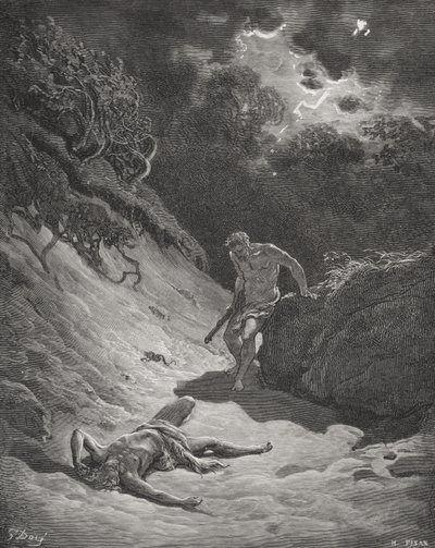 La morte di Abele, Genesi 4, 6-13, illustrazione da "La Sacra Bibbia" di Dore, incisa da Pisano da Gustave (after) Dore