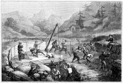 Scavo e lavaggio delle sabbie sul fondo di un fiume, California, XIX secolo da Gustave Adolphe Chassevent Bacques