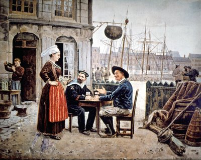 Due uomini (un marinaio e un pescatore bretone) in un bar che chiacchierano con una cameriera bretone, Saint Malo da Gustave Bourgain