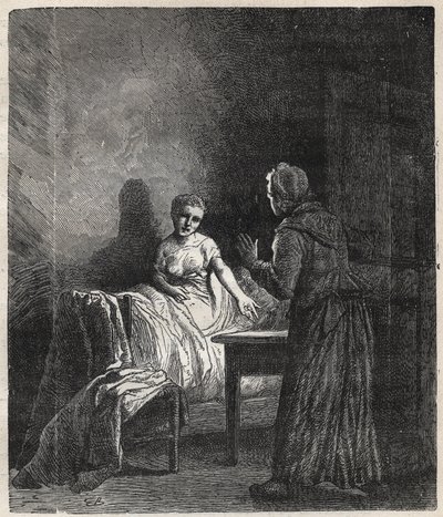 Margherita entra nella stanza di Fantine e Fantine le mostra due Napoleoni (monete) che possono salvare Cosette, sua figlia - Illustrazione di Gustave Brion (1824-1877) per "I Miserabili - Prima parte: Fantine" di Victor Hugo (1802-1885) 1862 da Gustave Brion