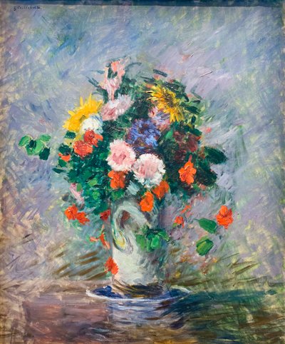 Bouquet di astri cinesi, nasturzi e girasoli in un vaso da Gustave Caillebotte