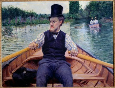 Parte della barca. Un uomo con un cappello alto che rema in una barca da Gustave Caillebotte