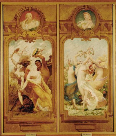 Il Foyer de la Danse presenta quattro dipinti murali di Boulanger che mostrano una Danse Bachique, una Bacchanalia e una danse champetre, una danza campestre ... (pittura murale) da Gustave Clarence Rodolphe Boulanger