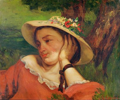 Donna con cappello di paglia e fiori, c.1857 da Gustave Courbet