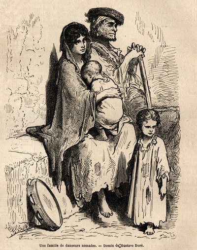 Una famiglia di ballerini nomadi che riposa nelle strade di Siviglia. Schizzo dal vivo di Gustave Dore (1832-1883). Incisione per illustrare il viaggio in Spagna, nel 1862 di Charles Davillier e Gustave Dore, in “Le tour du monde, nouveau journal des voyag da Gustave Dore