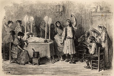 Una danza funebre, durante il giorno mortuario a Jijonas (provincia di Alicante). Schizzo dal vivo di Gustave Dore (1832-1883). Incisione per illustrare il viaggio in Spagna, nel 1862 di Charles Davillier e Gustave Dore, in “Le tour du monde, nouveau jour da Gustave Dore
