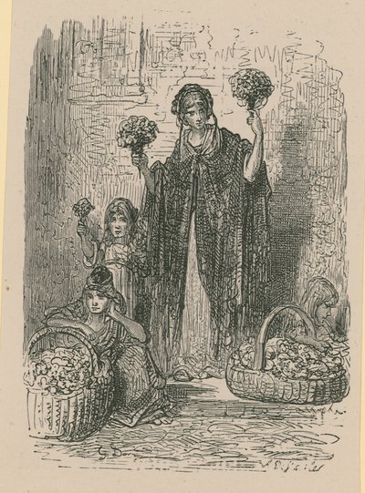 Un gruppo di giovani donne che vendono fiori dai cesti da Gustave Dore