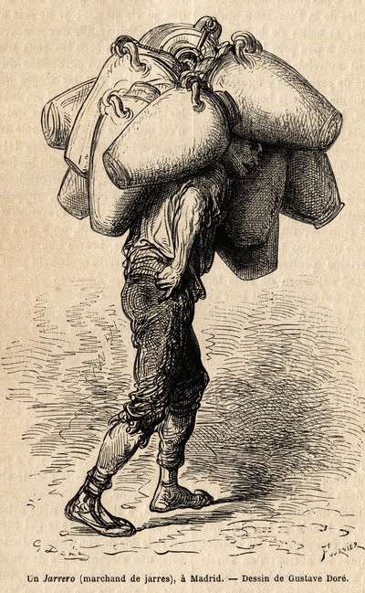 Un mercante di vasi, schizzo dal vivo preso a Madrid. Incisione di Gustave Doré (1832-1883) per illustrare il suo viaggio in Spagna, con Ch. Davillier (editore), pubblicato in "Le tour du monde", edito da Edouard Charton, edizione Hachette, Parigi da Gustave Dore