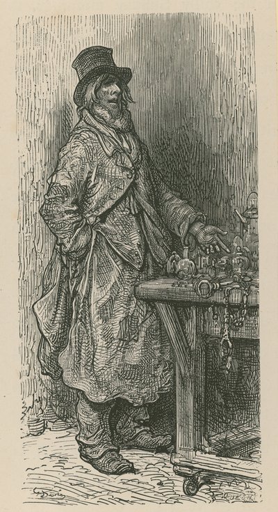 Un uomo vende le sue merci da una bancarella del mercato da Gustave Dore